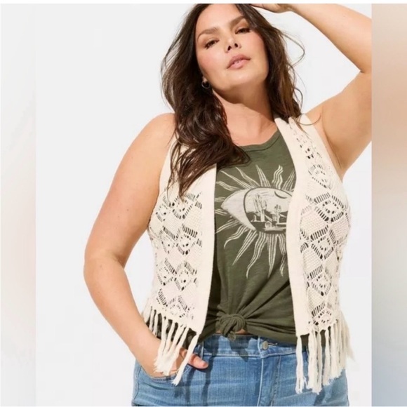 torrid Tops - Torrid Cream Crochet Fringe Vest